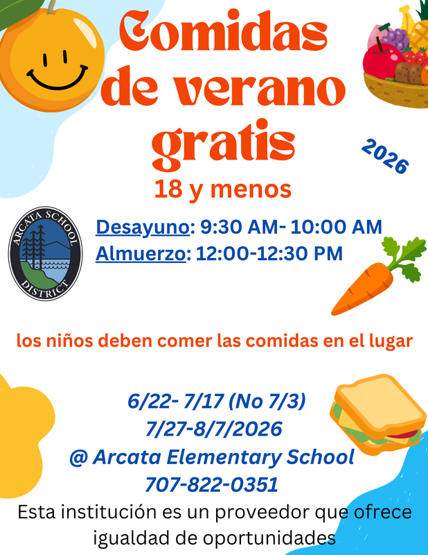 ASD Summer Meals flier in Spanish outlining when and where meals will be served.