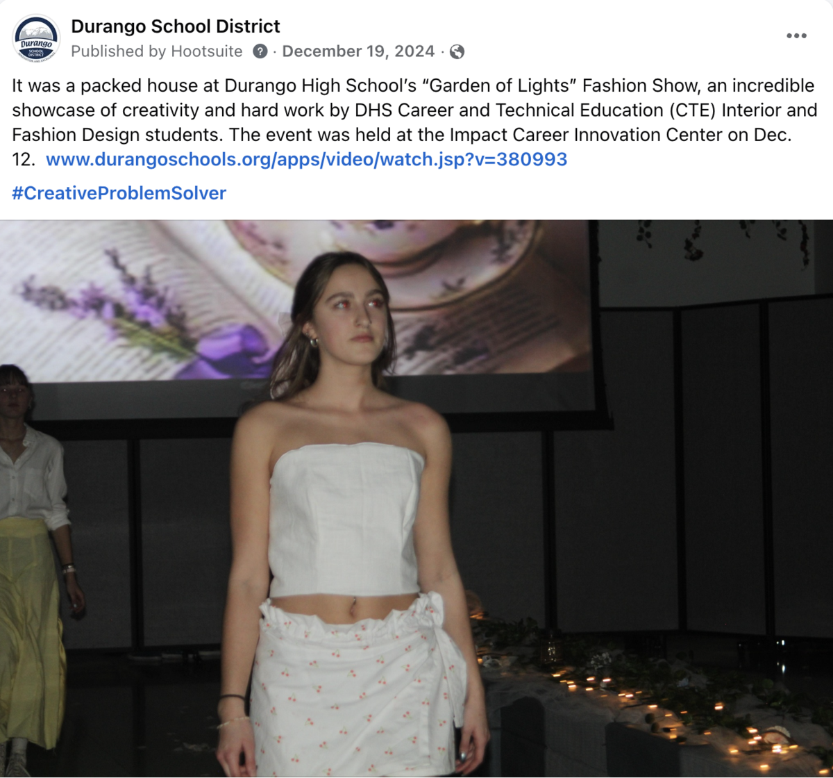 Facebook post showing a high school student on a catwalk