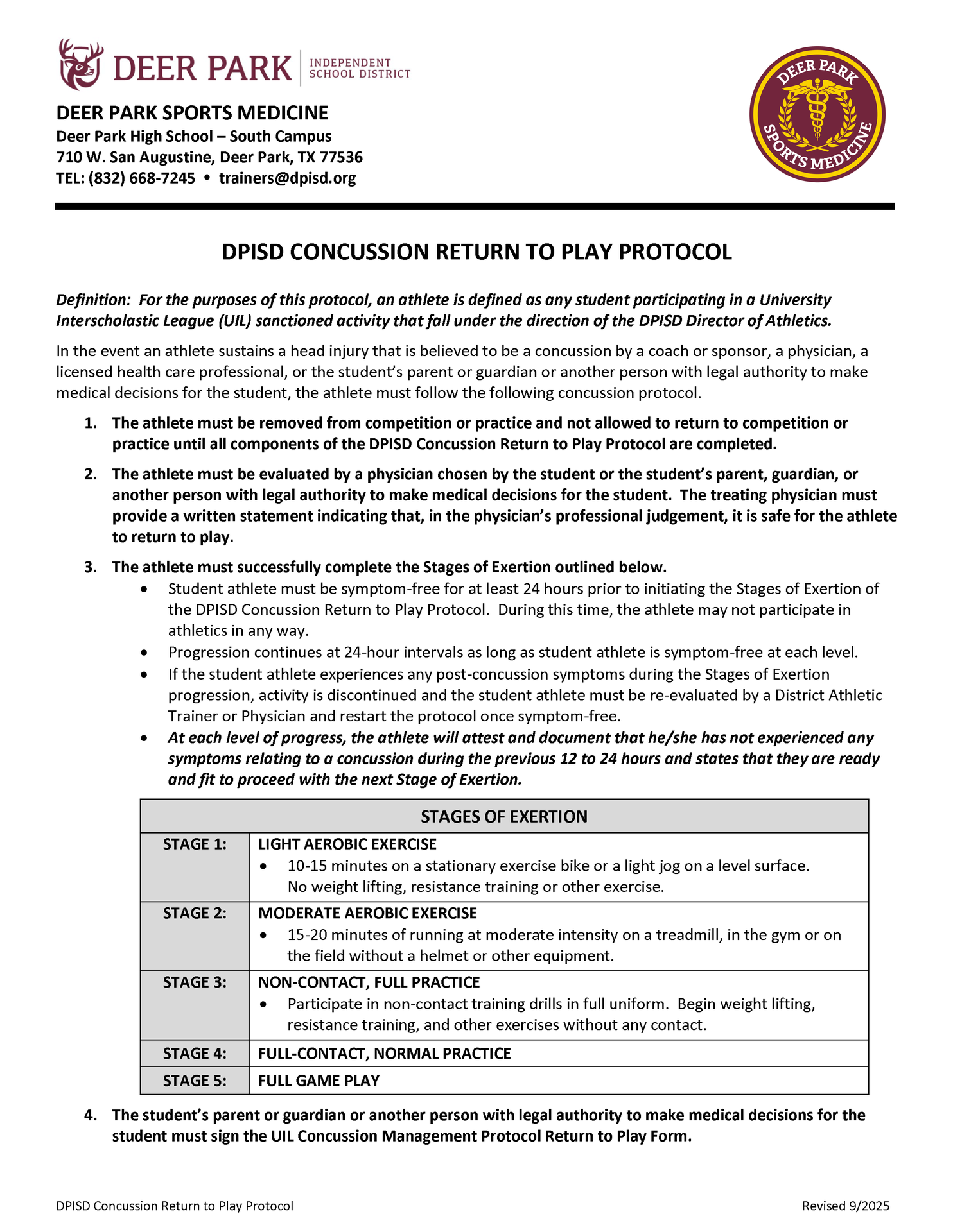 DPISD Concussion Return to Play Protocol