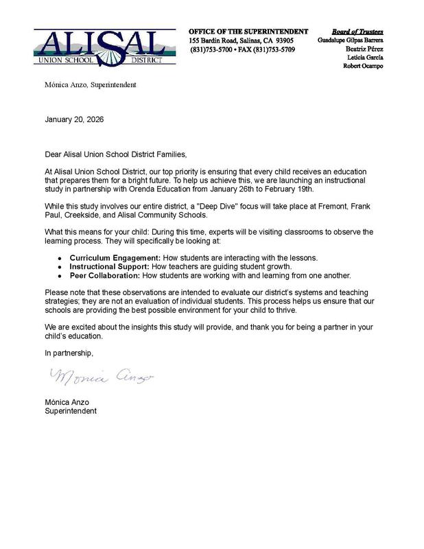 Letter to parents about Orenda study - English