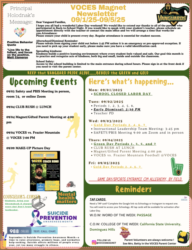 Newsletter displaying the weeks events for various activities and parent meetings.