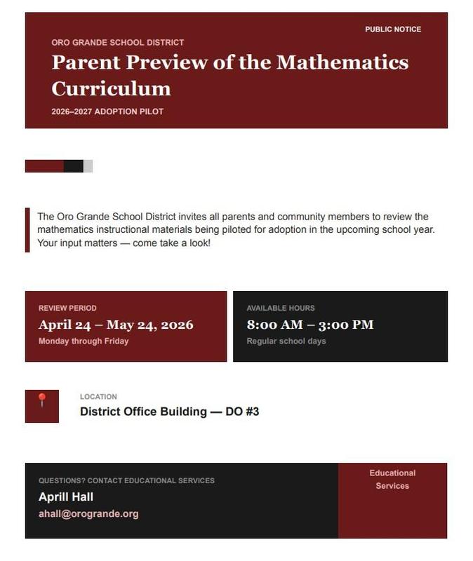 Oro Grande SD math curriculum preview, April 24–May 24, weekdays 8 AM–3 PM at DO #3.