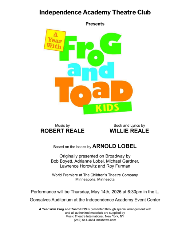 Frog & Toad performance May 14th at 6:30pm