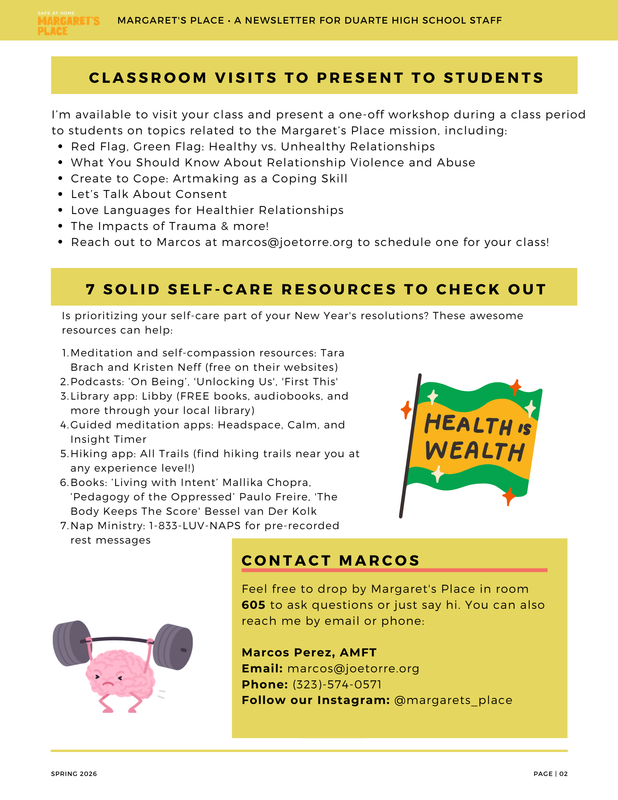 Newsletter page promoting self-care resources and workshops for high school students.