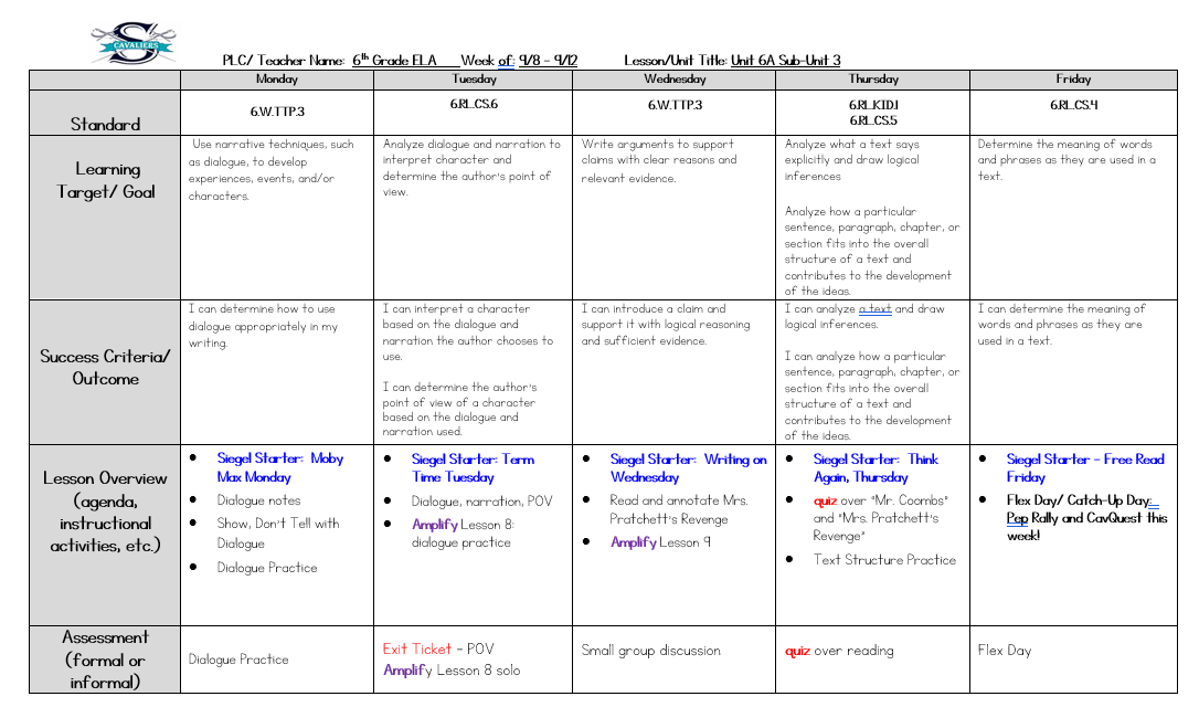 ELA Lesson Plans Sept 15 - 19