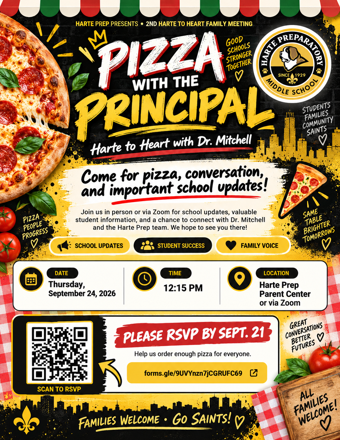 Flyer of the event: Harte to Heart, Pizza with the Principal