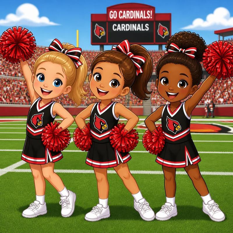 Three animated cheerleaders in a stadium, cheerfully holding pom-poms.