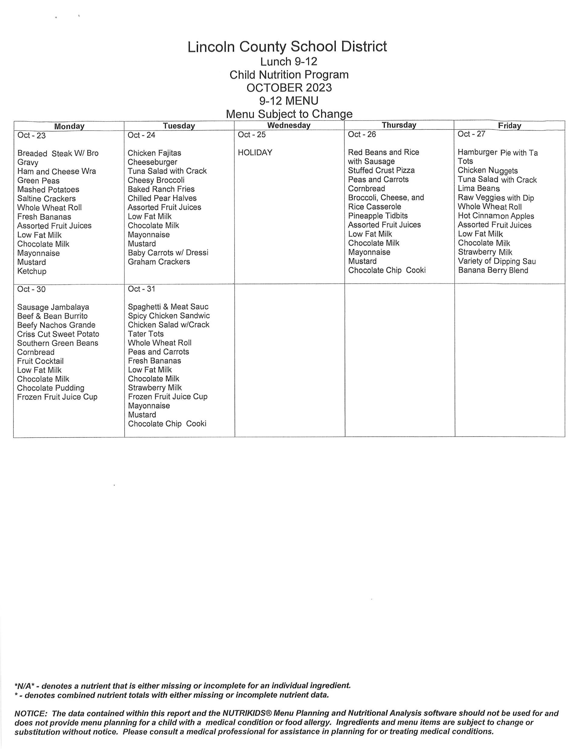 Breakfast & Lunch Menus Child Nutrition Program Lincoln County
