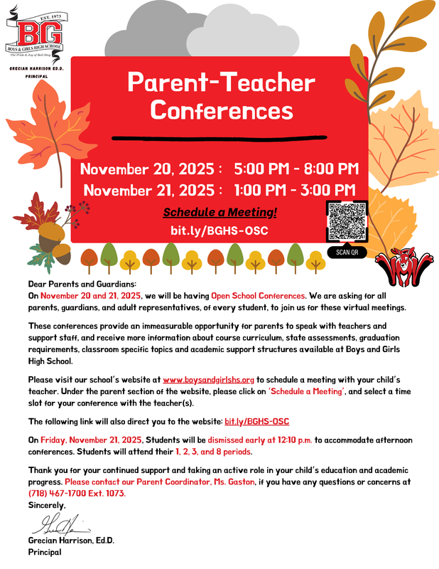 BGHS Letter to Parents for Open School Conferences - November 21-22, 2025 English