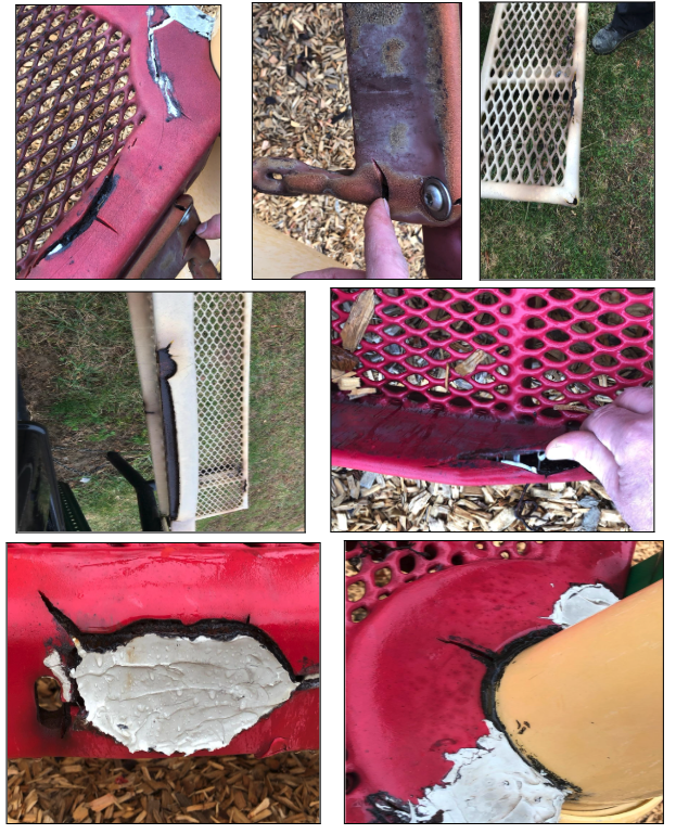 Photos of the current playground equipment show rust, graffiti and other damage