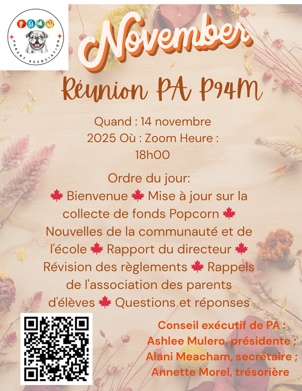 Flyer stating P94M PTA Meeting stating the date and time and agenda in French