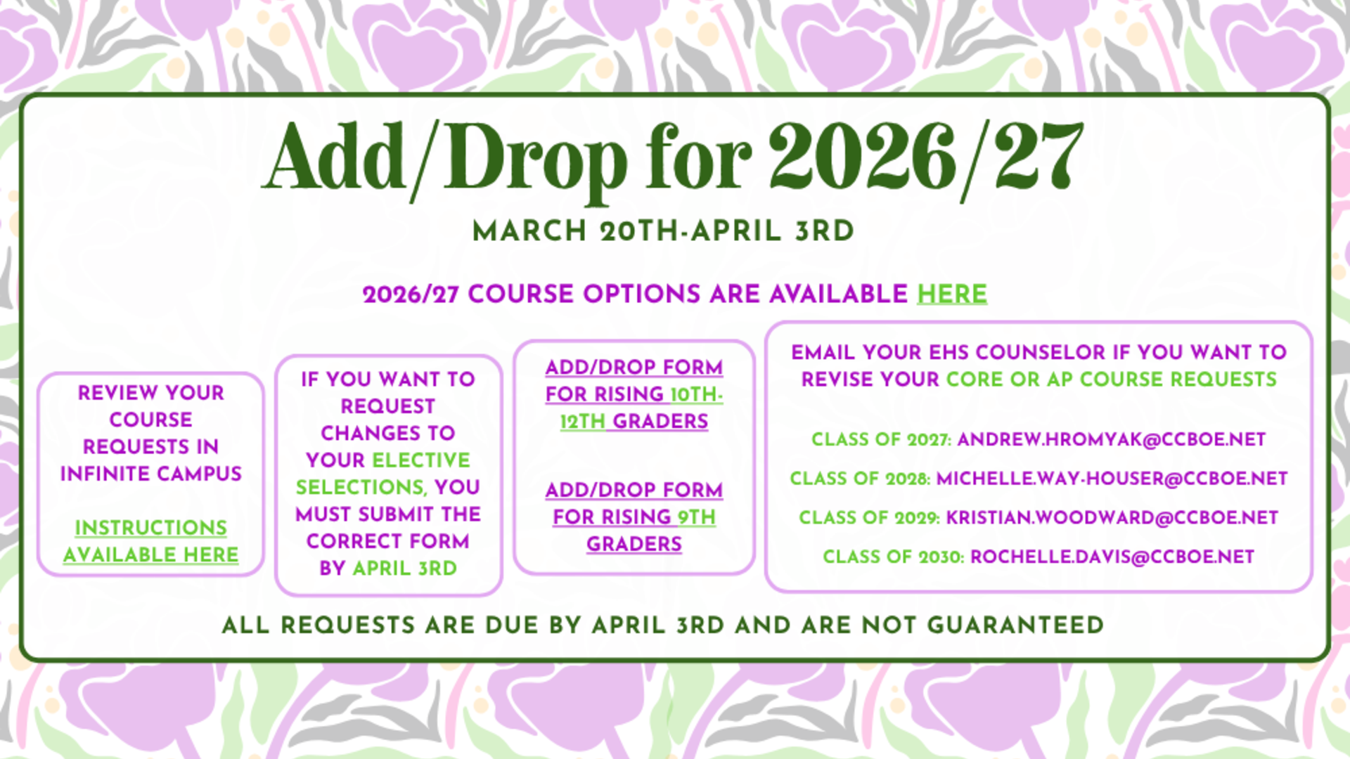 Announcement for adding or dropping classes for the 2026/27 school year.