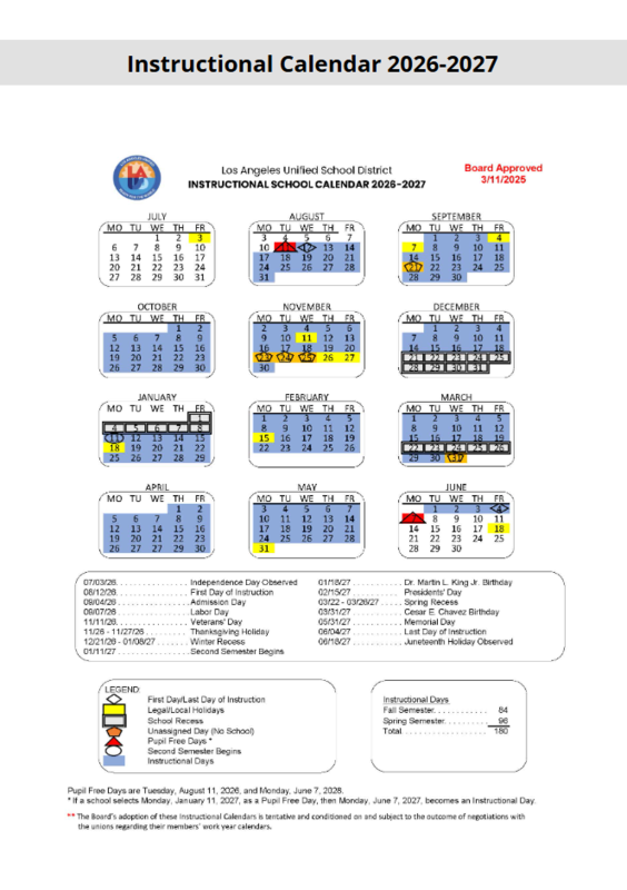 Image of instructional calendar 26 - 27 school year