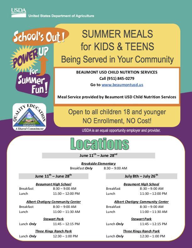 Free Summer Meals Offered During the Summer By Beaumont USD