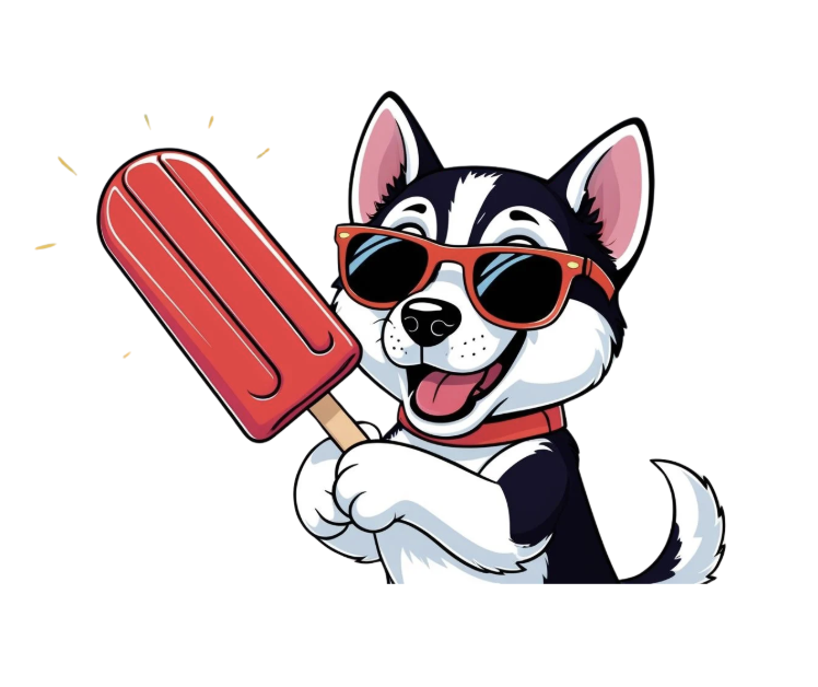 A happy cartoon dog wearing sunglasses holds a red popsicle.