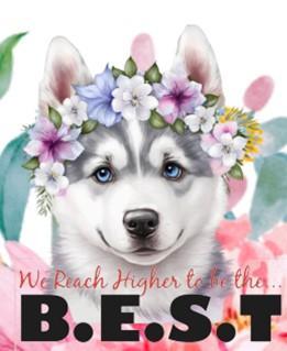 Husky with a flower crown and the text 'We Reach Higher to be the B.E.S.T.'