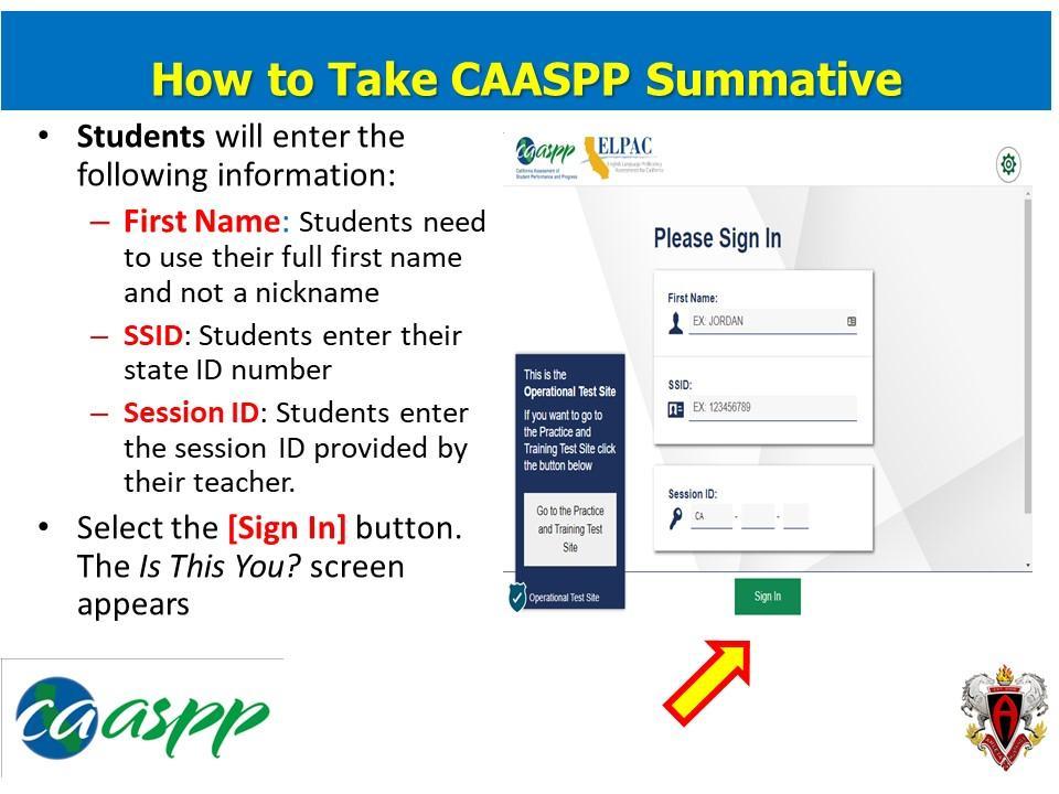 CAASPP Summative student portal Testing Center (Hub) Arleta High School
