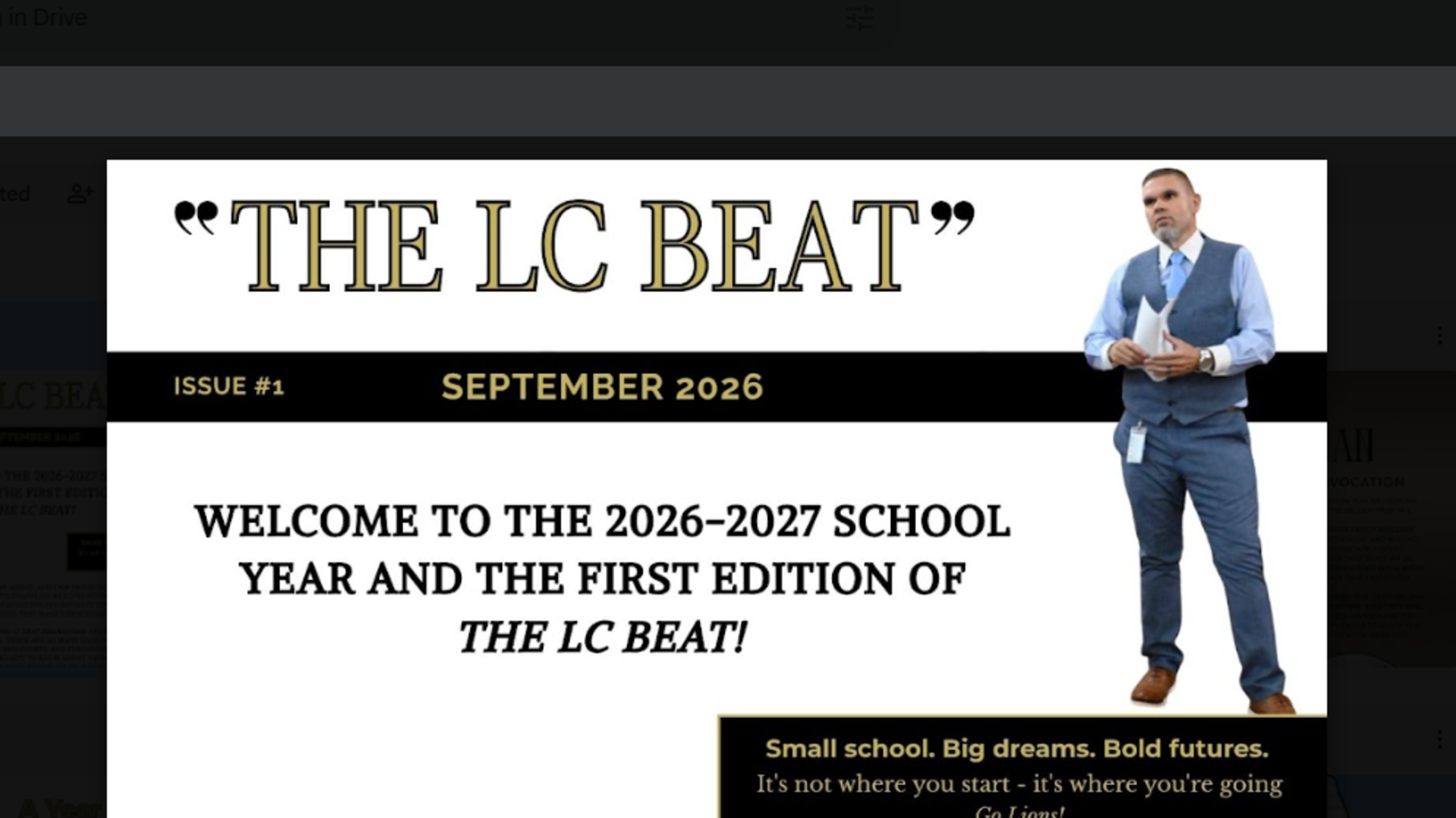 Newsletter titled 'The LC Beat' with a welcome message for the 2026-2027 school year.