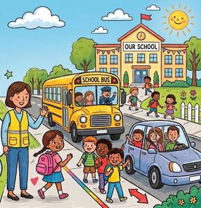 School kids being dropped off at school.