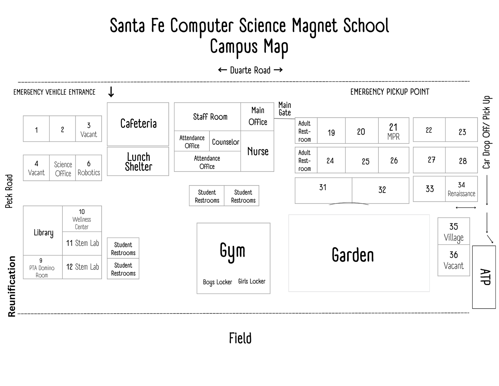 Campus map of Santa Fe Computer Science Magnet School with labeled areas.