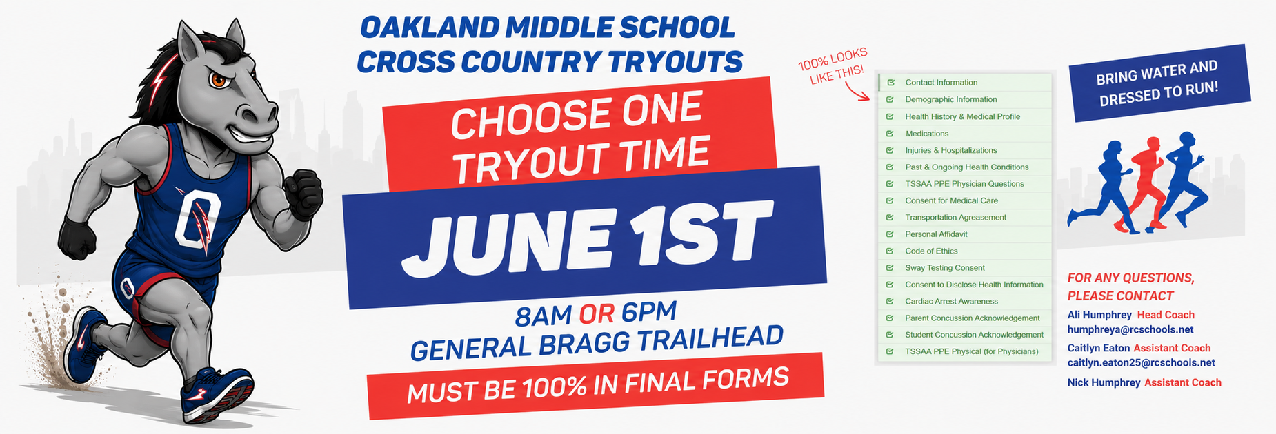 OMS Cross Country Tryouts. 
June 1st 8am or 6pm 
General Bragg Trailhead