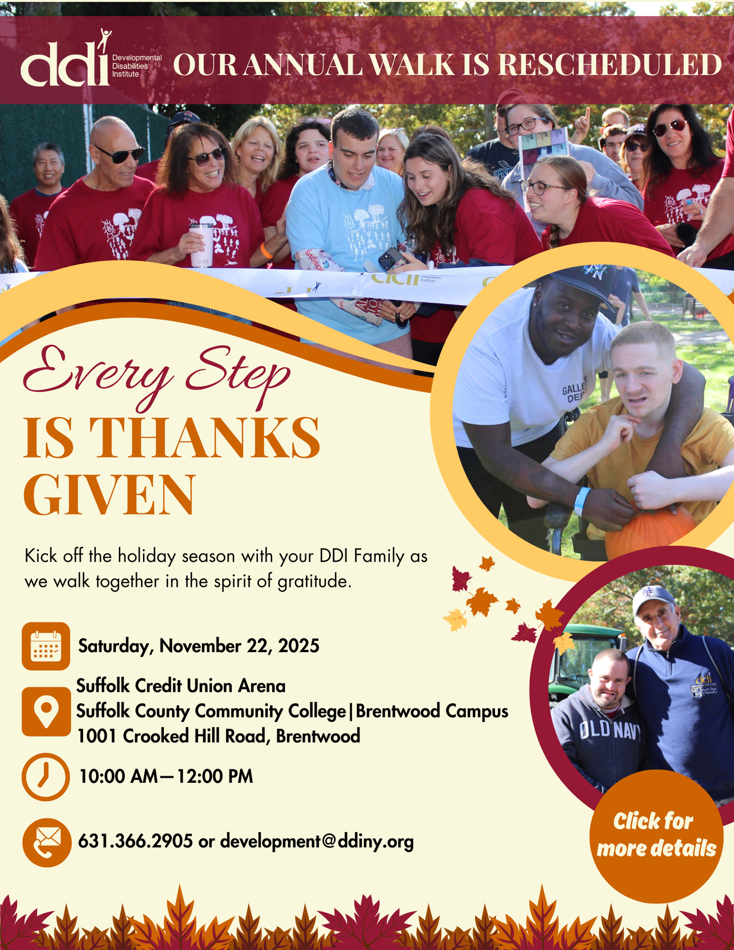 Our Walk is Rescheduled; Group of people at ribbon cutting; Pictures of people in circle frames