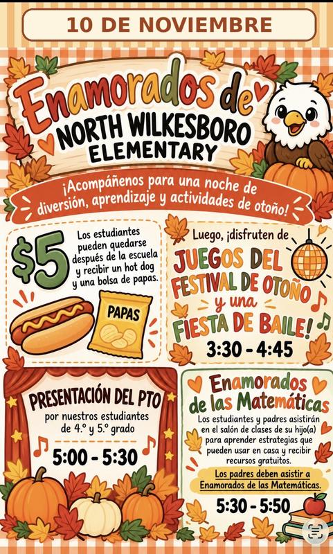 Bilingual flyer for North Wilkesboro Elementary fall festival with festive graphics and details.