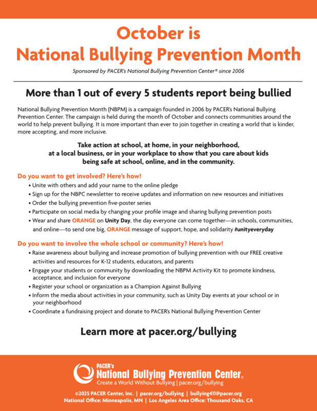 A flyer promoting National Bullying Prevention Month in October.