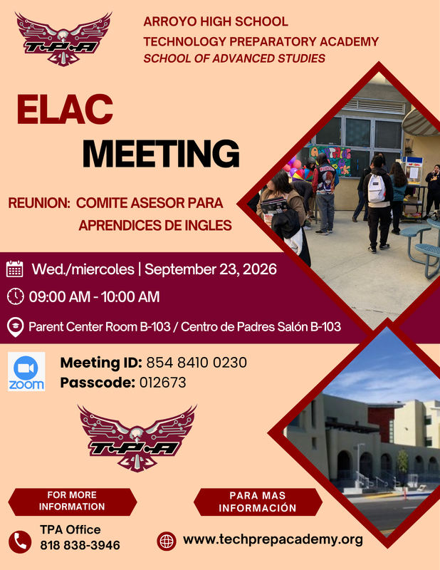 Parents please join us for TPA's ELAC Meeting on September 23, 2026 / Padres, por favor acompáñenos a la reunión del ELAC de TPA el 23 de septiembre de 2026.