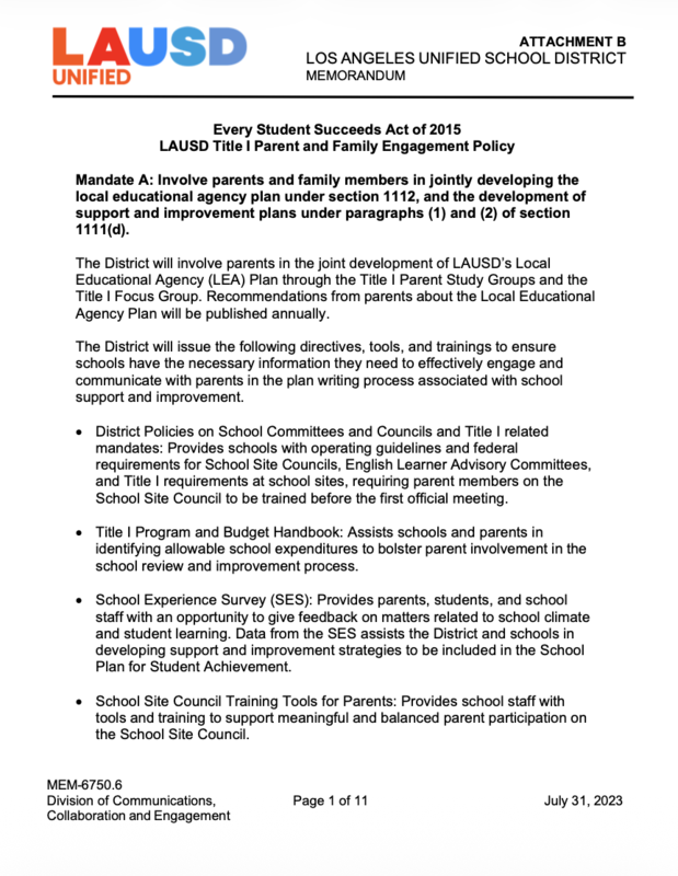 LAUSD Title 1 Parent and Family Engagement Policy Featured Photo