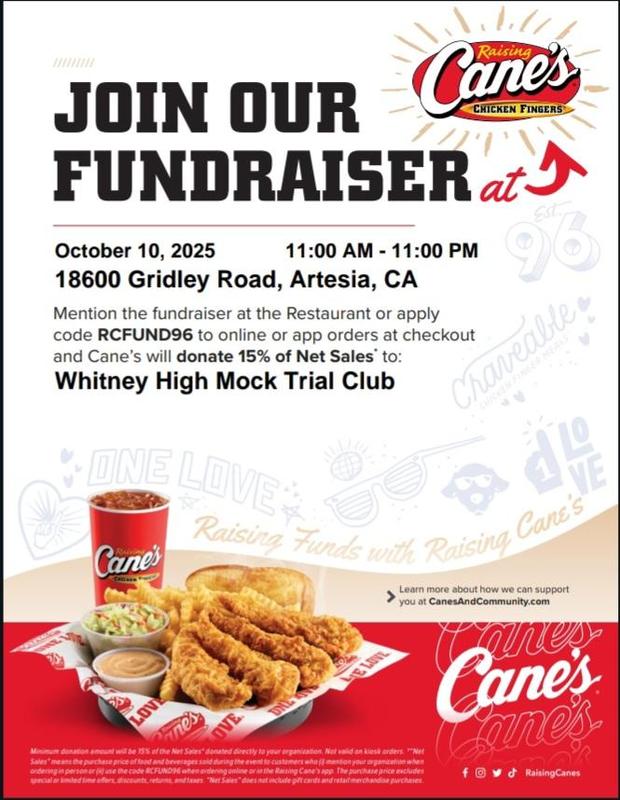 WHS Mock Trial Club fundraiser at Raising Cane's on 10/10/25 from 11am - 11pm