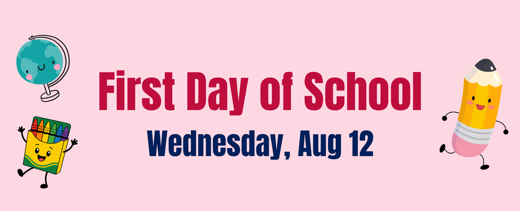 Celebratory graphic for the first day of school with cute characters.