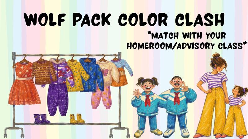 clothes rack with colorful clothes along with three characters dressed in colorful outfits