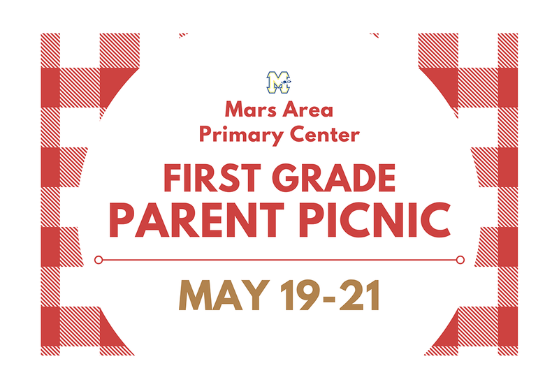 A red and white picnic blanket background with the words First Grade Parent Picnic in a white circle