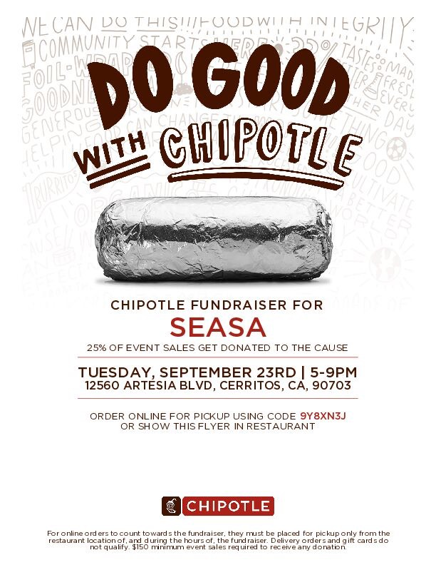 Whitney's SEASA club fundraiser at Chipotle on September 23 from 5 - 9pm