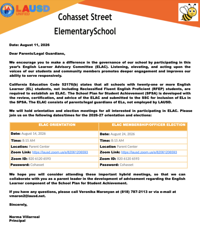 ELAC 8/14 Meeting announcement