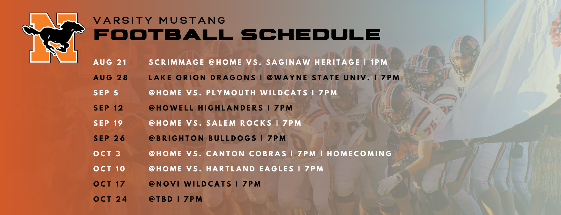 orange and black graphic with the varsity mustang football schedule