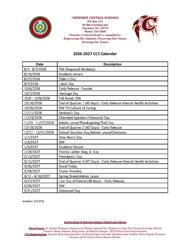 2026-2027 CCS School Calendar