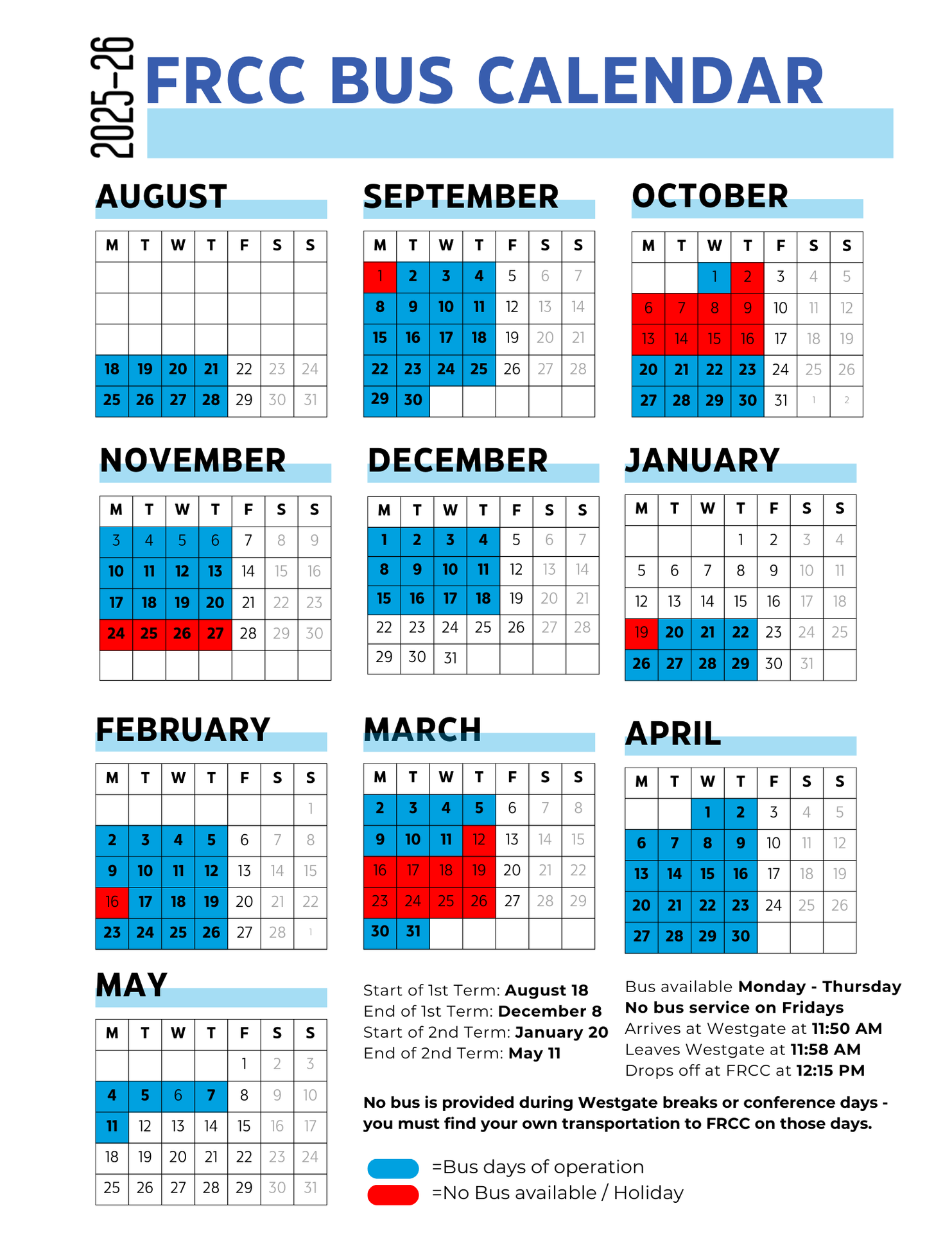 FRCC Bus Calendar 2025-2026