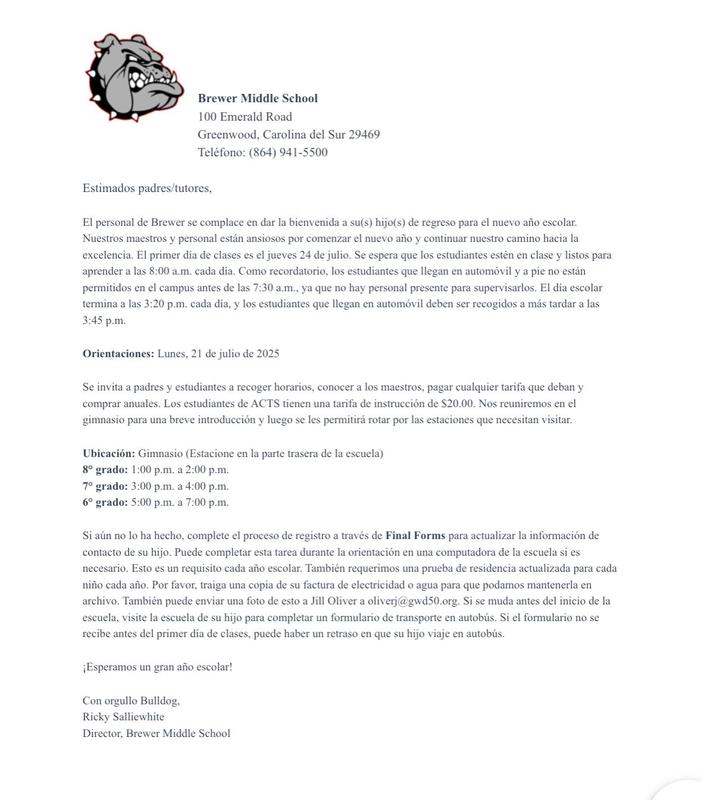 Brewer Middle School Orientation Information- Spanish
