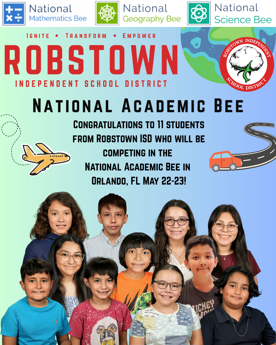 Graphic promoting the National Academic Bee with students' photos and school logos.