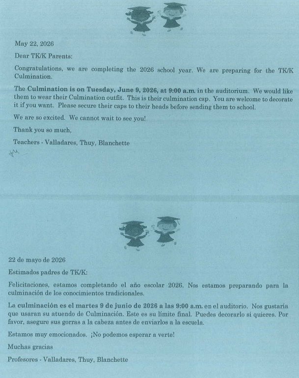 TK and K parent letter
