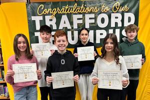 Trafford Middle School recognizes student achievement and positive character through its “Trafford Triumphs” program. This initiative honors students who demonstrate academic improvement, put forth extra effort, and consistently exhibit respectfulness.  Honorees for February 2026 are:    (Front) Kylie Kalkstein, Joseph Tirpak, Graci Lhota, (Back) Kartar Hensell, Olive Campana, and Ronnie Hoyman