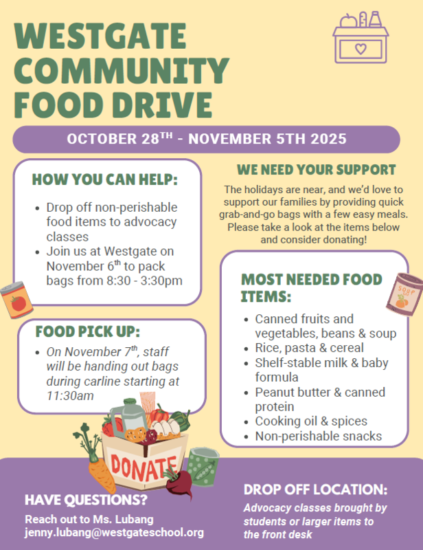 Westgate Community Food Drive Flyer - images of food, instructions provided in text.