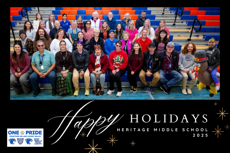 heritage middle school staff group photo that says Happy Holidays