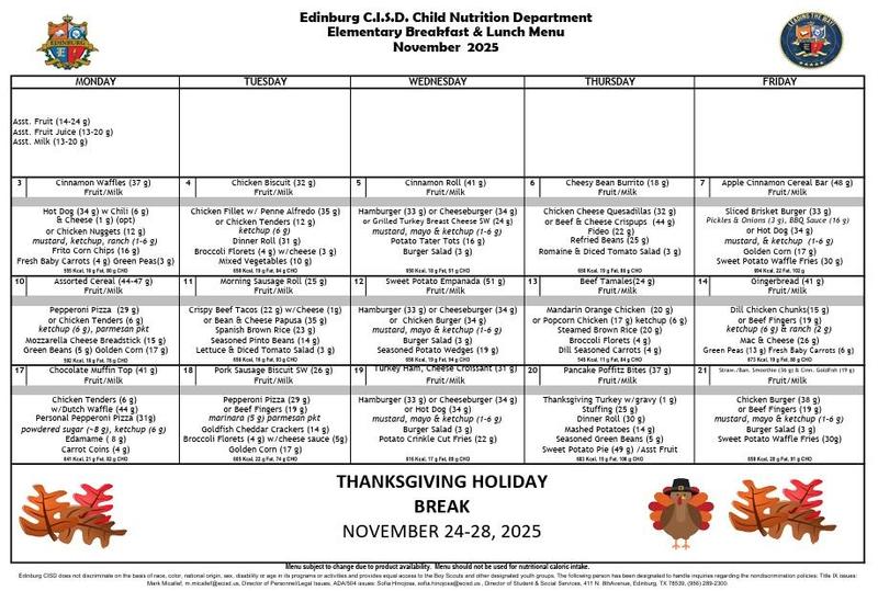 ECISD November 2025 Menu