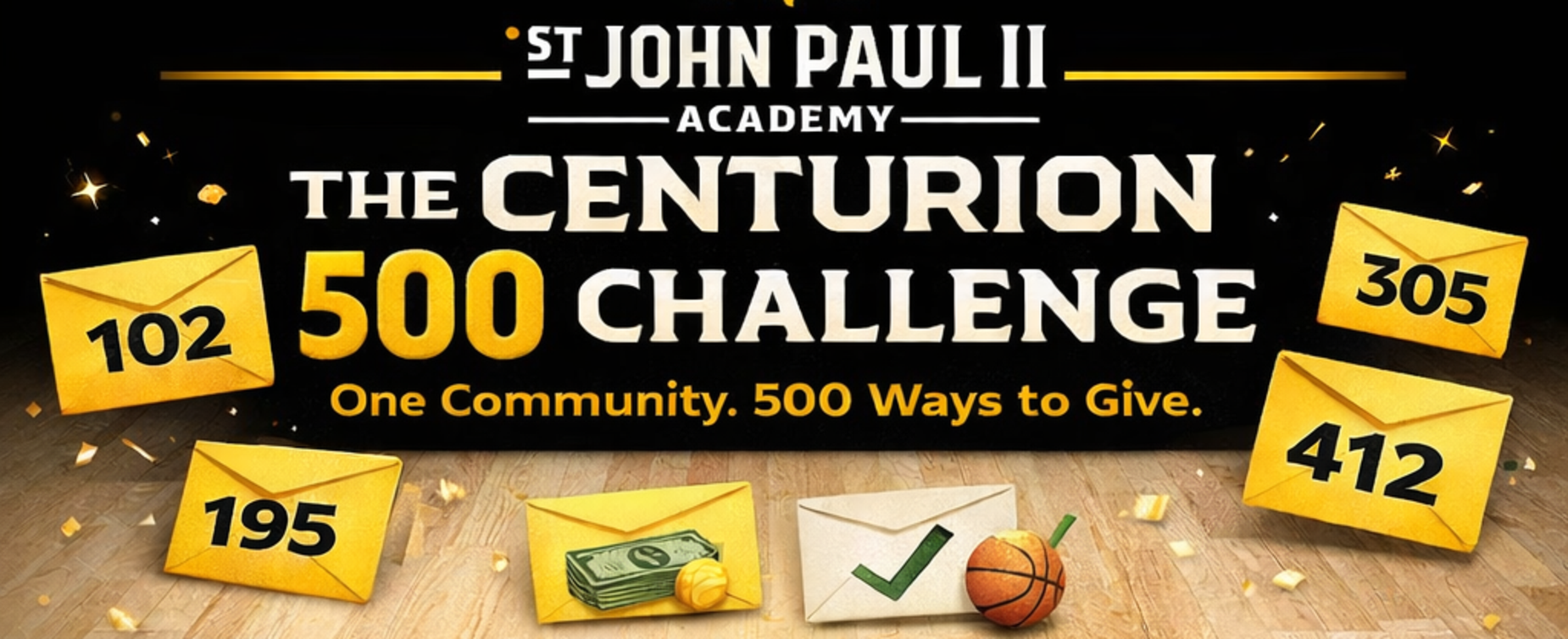 Graphic promoting the Centurion 500 Challenge with envelopes and monetary themes.