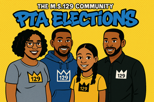 PTA Elections written above four people wearing shirts that have MS 129 crown
