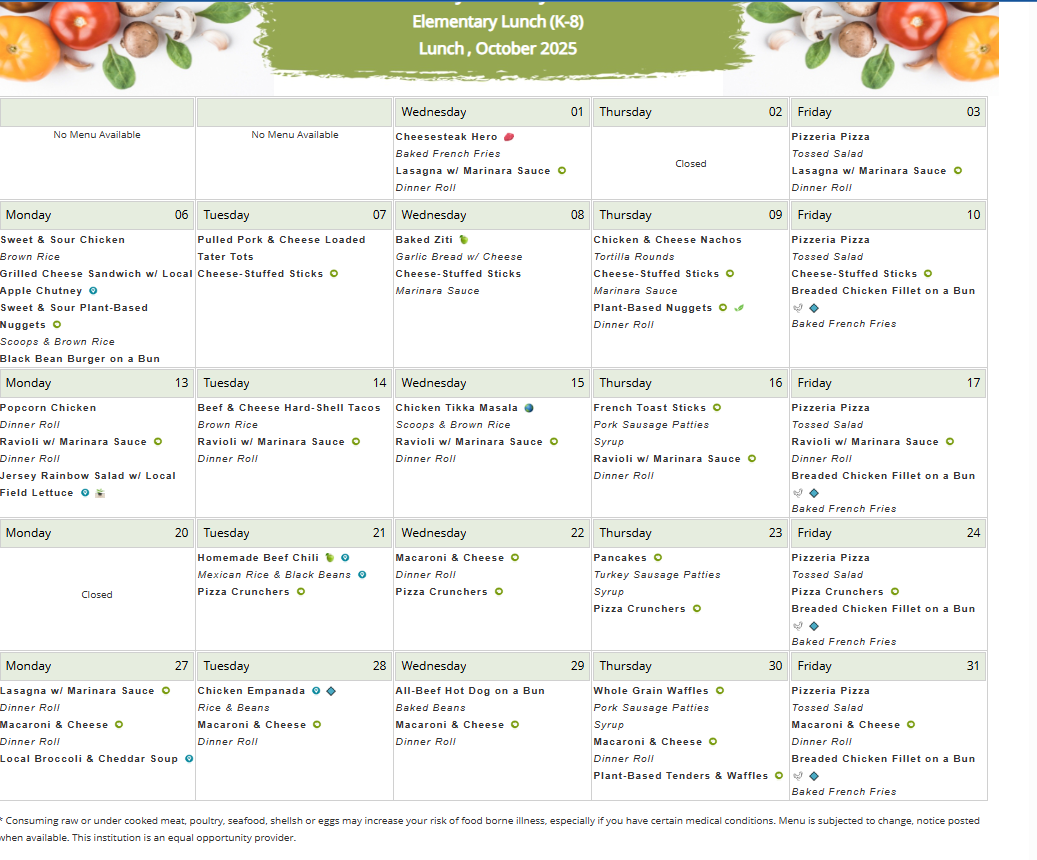 October 2025 Lunch Menu Graphic