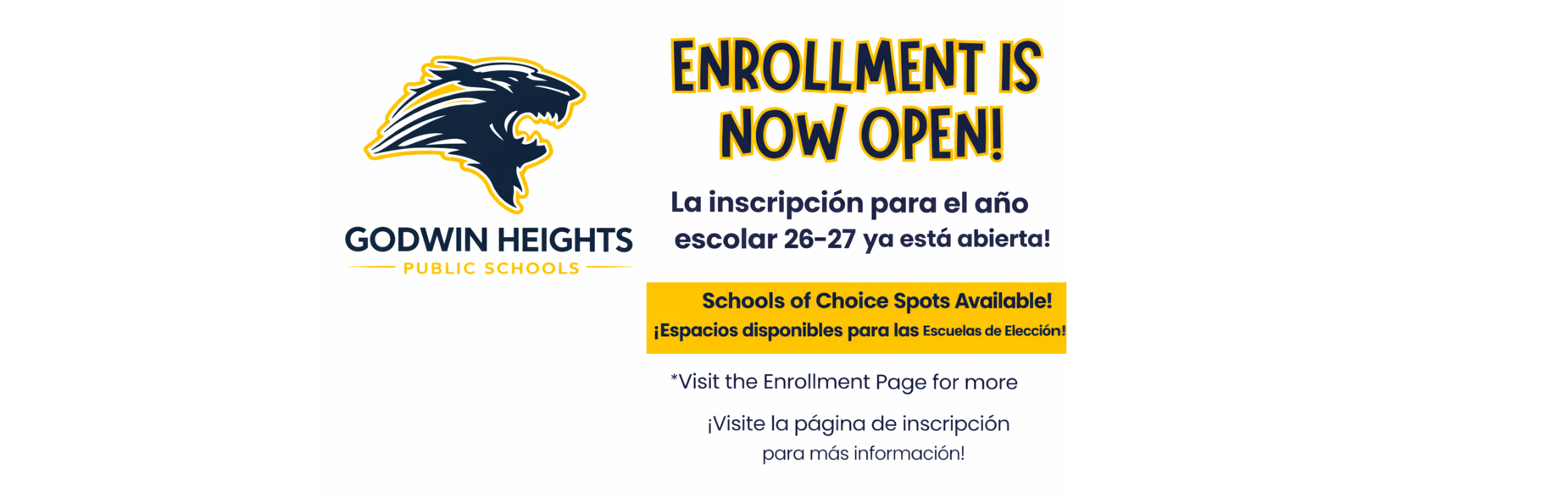Announcement that enrollment is now open for Godwin Heights Public Schools